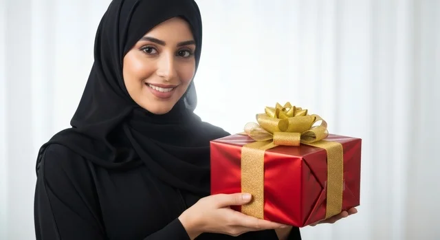 امرأة عربية خليجية سعودية محجبة ترتدي عباءة سوداء أنيقة، تمسك بعلبة هدية حمراء مزينة بشريط ذهبي لامع، تنظر إلى الكاميرا بابتسامة دافئة ،مشاعر الفرح والمفاجأة، مفهوم العطاء والمشاركة، خلفية بيضاء ناعمة