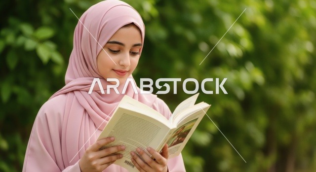 فتاة عربية خليجية سعودية محجبة ترتدي عباءة وردية اللون، تقف في الحديقة وتقرأ كتاباً بتركيز وهدوء،  حب المعرفة والقراءة، مفهوم التعليم والثقافة، خلفية طبيعية خضراء