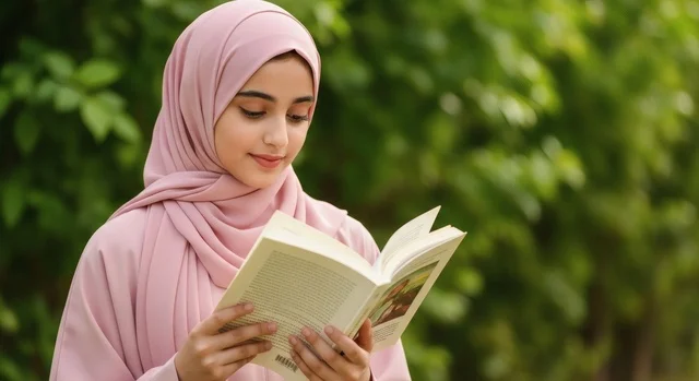 فتاة عربية خليجية سعودية محجبة ترتدي عباءة وردية اللون، تقف في الحديقة وتقرأ كتاباً بتركيز وهدوء،  حب المعرفة والقراءة، مفهوم التعليم والثقافة، خلفية طبيعية خضراء