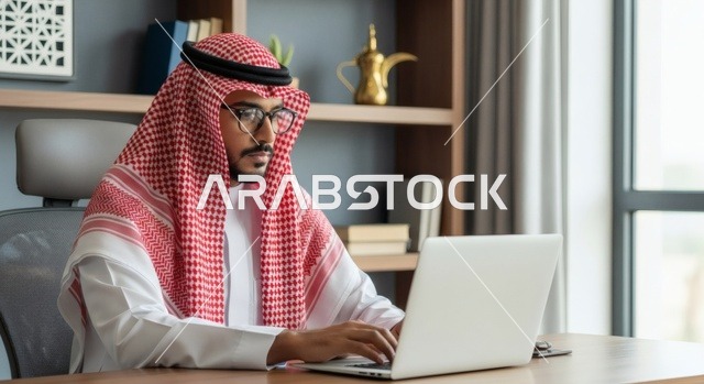 رجل عربي خليجي سعودي يرتدي الشماغ الأحمر والثوب الأبيض يجلس على مكتبه في بيئة عمل عصرية، يعمل على جهاز الحاسوب المحمول بتركيز وجدية،  مفهوم الإنتاجية والعمل المكتبي، خلفية داخلية احترافية
