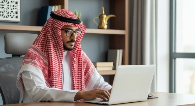 رجل عربي خليجي سعودي يرتدي الشماغ الأحمر والثوب الأبيض يجلس على مكتبه في بيئة عمل عصرية، يعمل على جهاز الحاسوب المحمول بتركيز وجدية،  مفهوم الإنتاجية والعمل المكتبي، خلفية داخلية احترافية