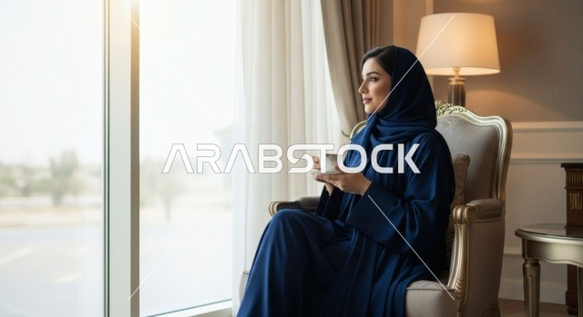 Gulf woman enjoying morning coffee by the window in elegant blue abaya