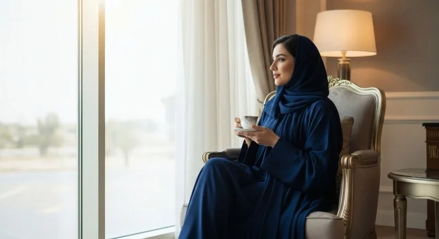 Gulf woman enjoying morning coffee by the window in elegant blue abaya