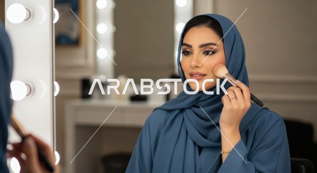 امرأة عربية خليجية سعودية محجبة ترتدي عباءة زرقاء أنيقة، تجلس أمام مرآة الزينة وتضع المكياج على خديها باستخدام فرشاة بحركات ناعمة، شغف الجمال والعناية الذاتية، خلفية داخلية أنثوية