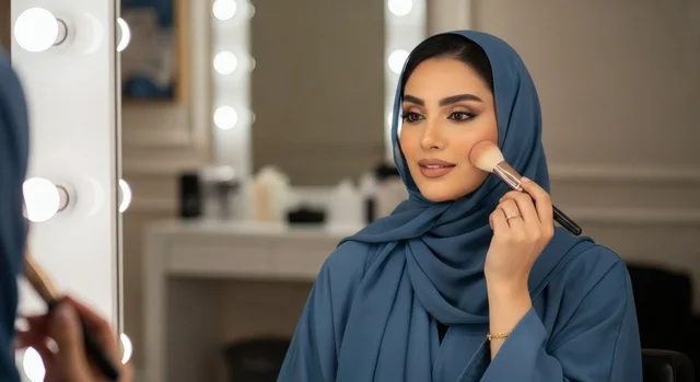 امرأة عربية خليجية سعودية محجبة ترتدي عباءة زرقاء أنيقة، تجلس أمام مرآة الزينة وتضع المكياج على خديها باستخدام فرشاة بحركات ناعمة، شغف الجمال والعناية الذاتية، خلفية داخلية أنثوية