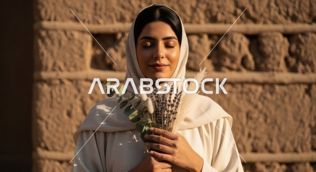 A Saudi Arabian Gulf woman wearing a stylish beige abaya, holding a bouquet of dried flowers in both hands and closing her eyes with a calm smile, feelings of contemplation and tranquility, the concept of natural beauty and inner peace, with a sandy heritage background.
