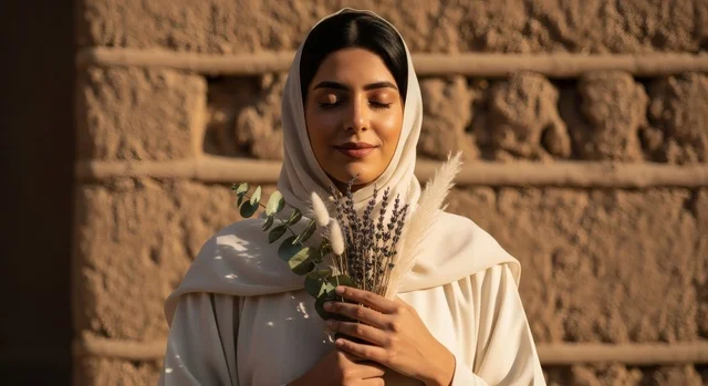 A Saudi Arabian Gulf woman wearing a stylish beige abaya, holding a bouquet of dried flowers in both hands and closing her eyes with a calm smile, feelings of contemplation and tranquility, the concept of natural beauty and inner peace, with a sandy heritage background.