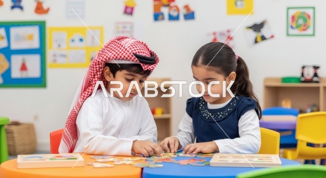 طفلان عربيان خليجيان سعوديان يرتديان الزي التقليدي يجلسان معًا في فصل دراسي ملون ، يشاركان بتركيز في تركيب لغز تعليمي خشبي على الطاولة، تعابير الفضول والتعاون، مفهوم التعلم المبكر والعمل الجماعي بين الأطفال، خلفية صف مليئة برسومات الأطفال والوسائل التعليمية