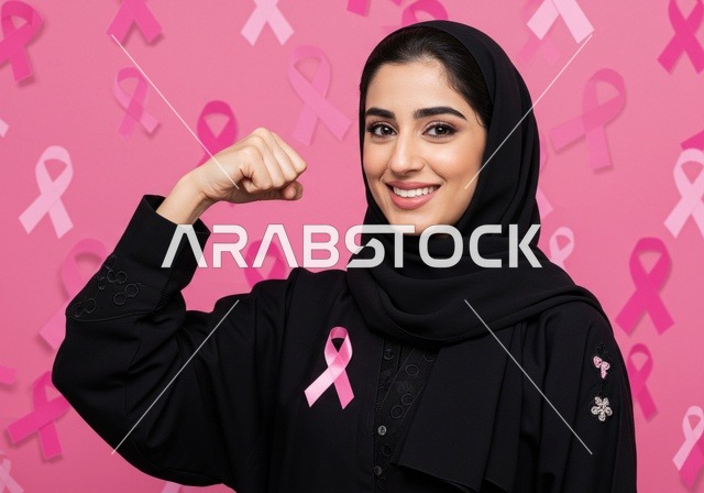 تحدي الامراض الخبيثه، صورة مقربة لإمرأة عربية خليجية سعودية محجبة مبتسمة تنظر إلى الكاميرا بإيماءات القوة والثقة بالنفس، الاهتمام بالمرض والكشف المبكر، رمز الحملة العالمية النسائية، اليوم العالمي للتوعيه بالكشف عن سرطان الثدي