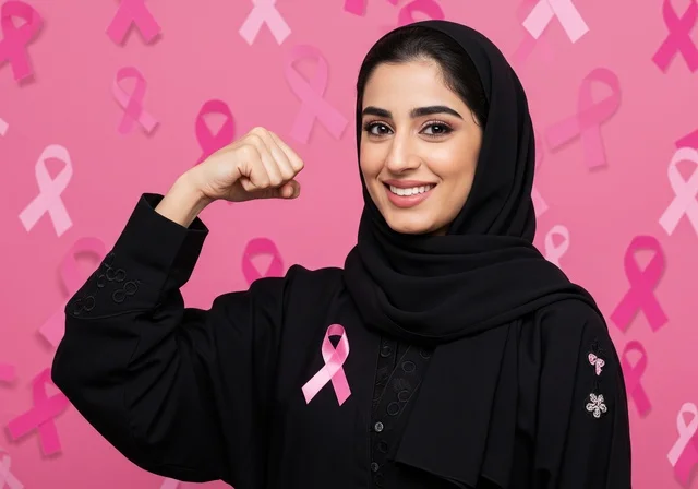 تحدي الامراض الخبيثه، صورة مقربة لإمرأة عربية خليجية سعودية محجبة مبتسمة تنظر إلى الكاميرا بإيماءات القوة والثقة بالنفس، الاهتمام بالمرض والكشف المبكر، رمز الحملة العالمية النسائية، اليوم العالمي للتوعيه بالكشف عن سرطان الثدي