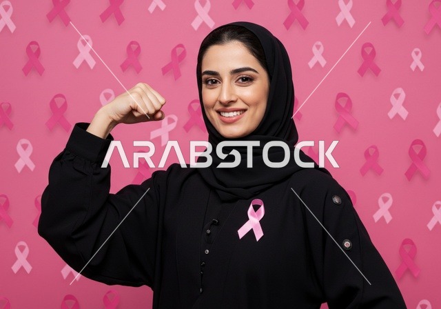 تحدي الامراض الخبيثه، صورة مقربة لإمرأة عربية خليجية سعودية محجبة مبتسمة تنظر إلى الكاميرا بإيماءات القوة والثقة بالنفس، الاهتمام بالمرض والكشف المبكر، رمز الحملة العالمية النسائية، اليوم العالمي للتوعيه بالكشف عن سرطان الثدي
