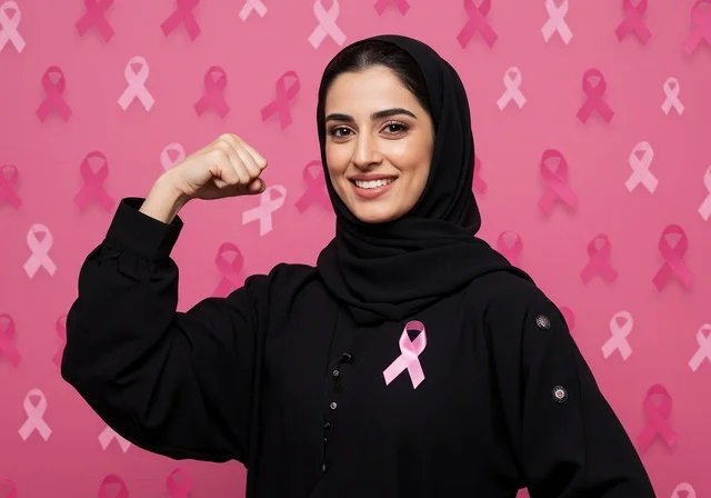 Challenge of malignant diseases, a close-up image of a smiling Saudi Gulf Arab woman in a hijab looking at the camera with gestures of strength and self-confidence, concern for the disease and early detection, symbol of the global women's campaign, World Awareness Day for Breast Cancer Detection.