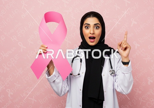 The symbol of the global campaign, World Day for Awareness and Early Detection, the challenge of malignant diseases, a close-up portrait of an Arab Gulf Saudi woman wearing a hijab and a black abaya holding a pink ribbon, looking at the camera with a strong gaze, an awareness campaign for the early detection of breast cancer, pink background.