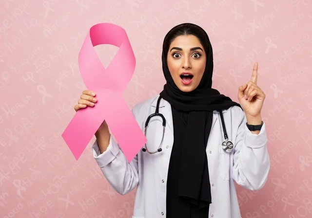رمز الحملة العالمية، اليوم العالمي للتوعية والكشف المبكر، تحدي الأمراض الخبيثة، بورتريه مقرب لإمرأة عربية خليجي سعودية ترتدي الحجاب والعباءة السوداء وتحمل الشريط الوردي، النظر الى الكاميرا بنظرات القوة، حملة توعوية للكشف المبكر عن سرطان الثدي، خلفية وردية