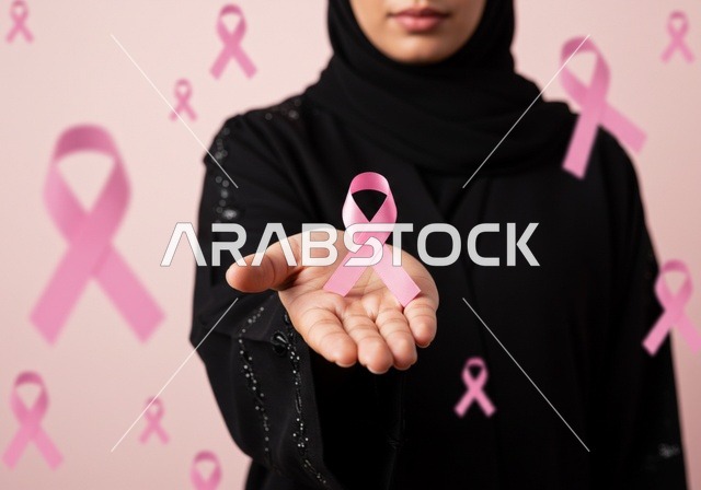 The symbol of the global campaign, World Day for Awareness and Early Detection, the challenge of malignant diseases, a close-up portrait of an Arab Gulf Saudi woman wearing a hijab and a black abaya holding a pink ribbon, looking at the camera with a strong gaze, an awareness campaign for the early detection of breast cancer, pink background.