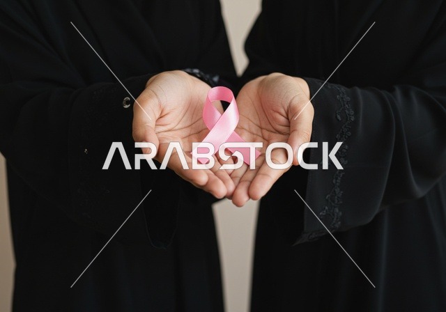 The symbol of the global campaign, World Day for Awareness and Early Detection, the challenge of malignant diseases, a close-up portrait of an Arab Gulf Saudi woman wearing a hijab and a black abaya holding a pink ribbon, looking at the camera with a strong gaze, an awareness campaign for the early detection of breast cancer, pink background.
