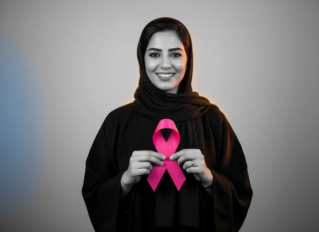 World Awareness and Early Detection Day, the challenge of malignant diseases, the symbol of the global campaign, a close-up portrait of a Saudi Gulf Arab woman wearing a hijab and a black abaya holding a pink ribbon, looking at the camera with a strong gaze, an awareness campaign for early detection of breast cancer, gray background.