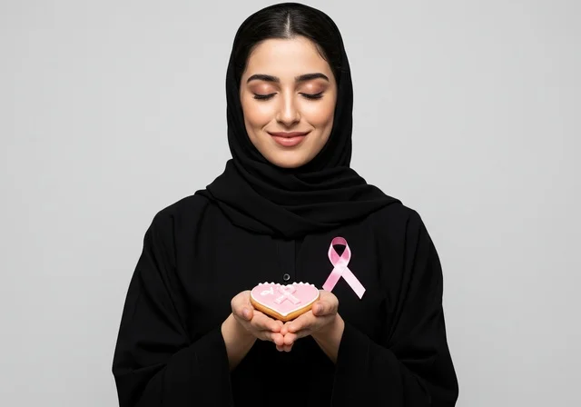 اليوم العالمي للتوعية والكشف المبكر، تحدي الأمراض الخبيثة، رمز الحملة العالمية،بورتريه مقرب لإمرأة عربية خليجي سعودية ترتدي الحجاب والعباءة السوداء وتحمل الشريط الوردي، النظر الى الكاميرا بنظرات القوة، حملة توعية للكشف المبكر عن سرطان الثدي، خلفية رماديه