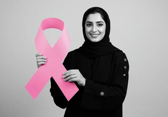 اليوم العالمي للتوعية والكشف المبكر، تحدي الأمراض الخبيثة، رمز الحملة العالمية،بورتريه مقرب لإمرأة عربية خليجي سعودية ترتدي الحجاب والعباءة السوداء وتحمل الشريط الوردي، النظر الى الكاميرا بنظرات القوة، حملة توعية للكشف المبكر عن سرطان الثدي، خلفية رماديه