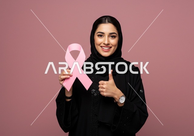 حملة توعية للكشف المبكر عن سرطان الثدي،رمز الحملة العالمية، اليوم العالمي للتوعية والكشف المبكر، تحدي الأمراض الخبيثة، بورتريه مقرب لإمرأة عربية خليجي سعودية ترتدي الحجاب والعباءة السوداء وتحمل الشريط الوردي، النظر الى الكاميرا بايماءات الجودة،  خلفية وردية