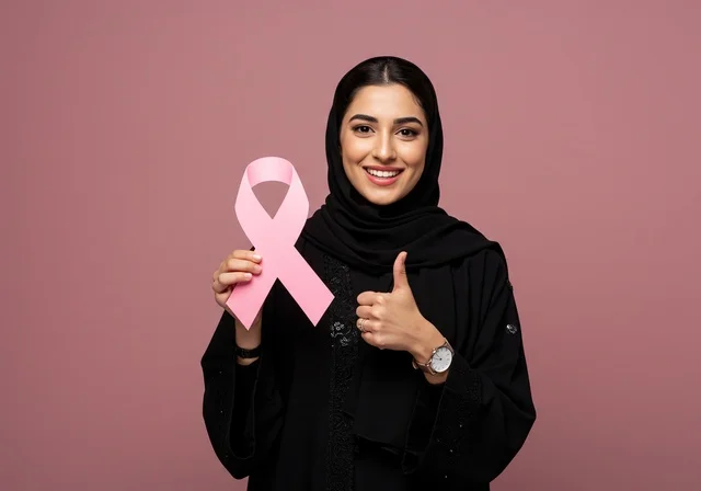 حملة توعية للكشف المبكر عن سرطان الثدي،رمز الحملة العالمية، اليوم العالمي للتوعية والكشف المبكر، تحدي الأمراض الخبيثة، بورتريه مقرب لإمرأة عربية خليجي سعودية ترتدي الحجاب والعباءة السوداء وتحمل الشريط الوردي، النظر الى الكاميرا بايماءات الجودة،  خلفية وردية