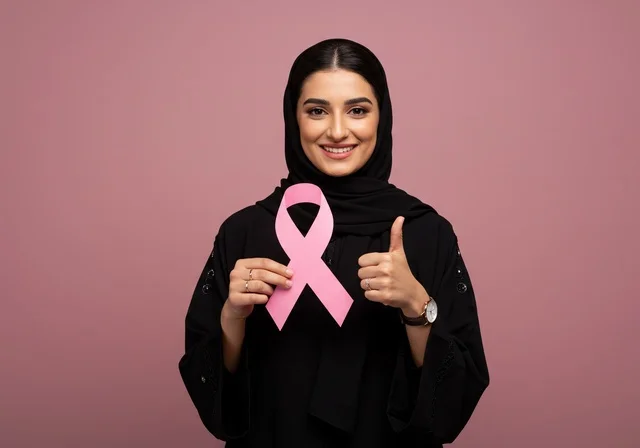 حملة توعية للكشف المبكر عن سرطان الثدي،رمز الحملة العالمية، اليوم العالمي للتوعية والكشف المبكر، تحدي الأمراض الخبيثة، بورتريه مقرب لإمرأة عربية خليجي سعودية ترتدي الحجاب والعباءة السوداء وتحمل الشريط الوردي، النظر الى الكاميرا بايماءات الجودة،  خلفية وردية