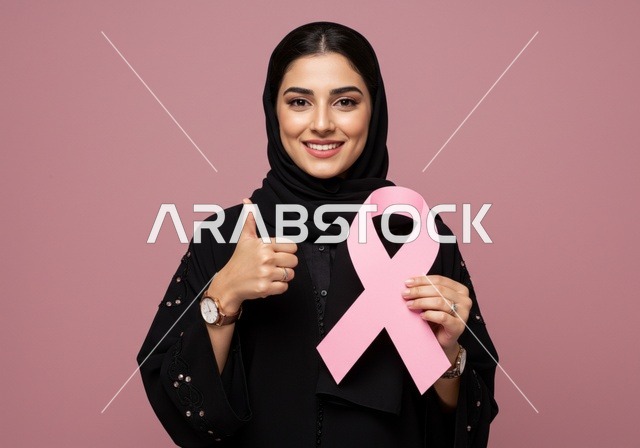 حملة توعية للكشف المبكر عن سرطان الثدي،رمز الحملة العالمية، اليوم العالمي للتوعية والكشف المبكر، تحدي الأمراض الخبيثة، بورتريه مقرب لإمرأة عربية خليجي سعودية ترتدي الحجاب والعباءة السوداء وتحمل الشريط الوردي، النظر الى الكاميرا بايماءات الجودة،  خلفية وردية