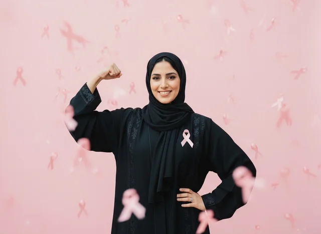 تحدي الأمراض الخبيثة،حملة توعية للكشف المبكر عن سرطان الثدي،رمز الحملة العالمية، اليوم العالمي للتوعية والكشف المبكر،  بورتريه مقرب لإمرأة عربية خليجي سعودية ترتدي الحجاب والعباءة السوداء وتحمل الشريط الوردي، النظر الى الكاميرا بايماءات القوة