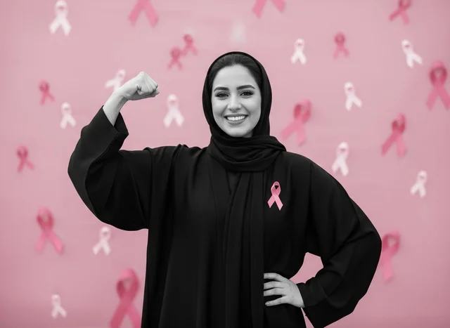 تحدي الأمراض الخبيثة،حملة توعية للكشف المبكر عن سرطان الثدي،رمز الحملة العالمية، اليوم العالمي للتوعية والكشف المبكر،  بورتريه مقرب لإمرأة عربية خليجي سعودية ترتدي الحجاب والعباءة السوداء وتحمل الشريط الوردي، النظر الى الكاميرا بايماءات القوة