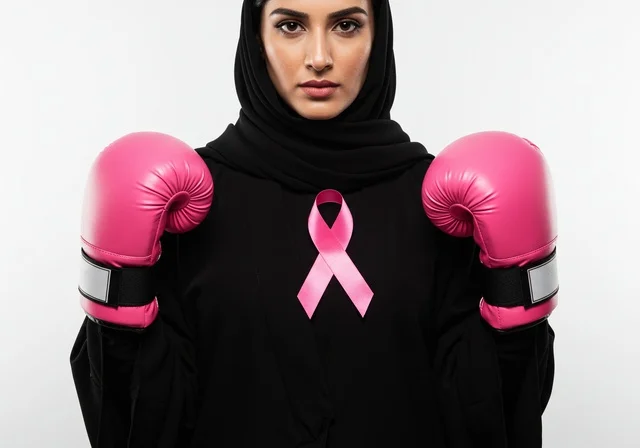 تحدي الأمراض الخبيثة،حملة توعية للكشف المبكر عن سرطان الثدي،رمز الحملة العالمية، اليوم العالمي للتوعية والكشف المبكر،  بورتريه مقرب لإمرأة عربية خليجي سعودية ترتدي الحجاب والعباءة السوداء وتحمل الشريط الوردي، النظر الى الكاميرا بايماءات القوة