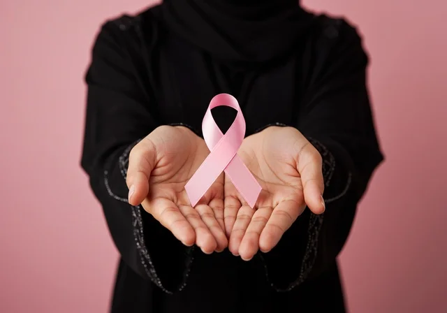 بورتريه مقرب لإمرأة عربية خليجية سعودية ترتدي الحجاب والعباءة السوداء وتحمل الشريط الوردي، حملة توعية للكشف المبكر عن سرطان الثدي، اليوم العالمي للتوعية والكشف المبكر، تحدي الأمراض الخبيثة، رمز الحملة العالمية،
