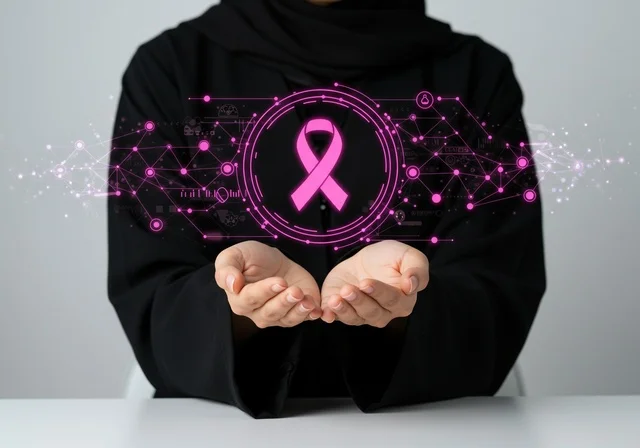 بورتريه مقرب لإمرأة عربية خليجية سعودية ترتدي الحجاب والعباءة السوداء وتحمل الشريط الوردي، حملة توعية للكشف المبكر عن سرطان الثدي، اليوم العالمي للتوعية والكشف المبكر، تحدي الأمراض الخبيثة، رمز الحملة العالمية،