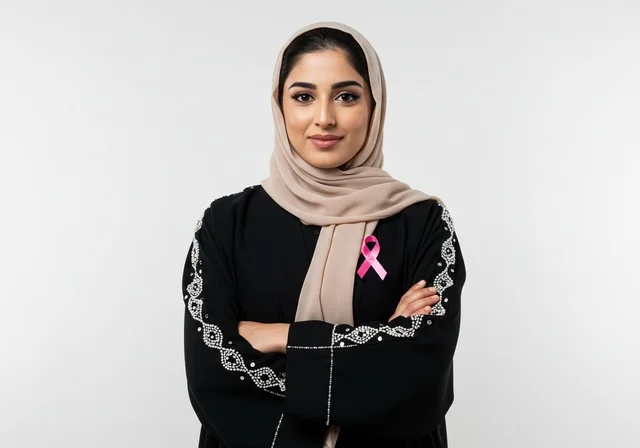 النظر الى الكاميرا بايماءات السعادة ،بورتريه مقرب لإمرأة عربية خليجية سعودية ترتدي الحجاب والعباءة السوداء وتحمل الشريط الوردي، حملة توعية للكشف المبكر عن سرطان الثدي