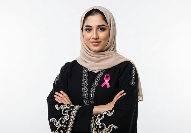 النظر الى الكاميرا بايماءات السعادة ،بورتريه مقرب لإمرأة عربية خليجية سعودية ترتدي الحجاب والعباءة السوداء وتحمل الشريط الوردي، حملة توعية للكشف المبكر عن سرطان الثدي