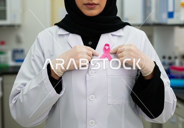 طبيبة عربية خليجية سعودية ترتدي الحجاب والمعطف الابيض ، الاشارة الى الشريط الوردي بايماءات السعادة ، حملة توعية للكشف المبكر عن سرطان الثدي