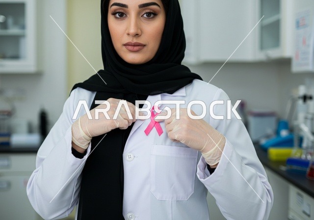 طبيبة عربية خليجية سعودية ترتدي الحجاب والمعطف الابيض ، الاشارة الى الشريط الوردي بايماءات السعادة ، حملة توعية للكشف المبكر عن سرطان الثدي