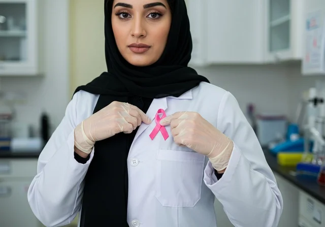 طبيبة عربية خليجية سعودية ترتدي الحجاب والمعطف الابيض ، الاشارة الى الشريط الوردي بايماءات السعادة ، حملة توعية للكشف المبكر عن سرطان الثدي