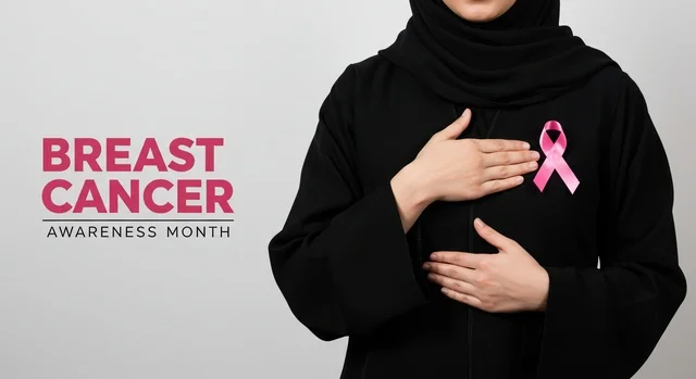 Challenge of malignant diseases, a close-up image of a smiling Saudi Gulf Arab woman wearing a hijab, looking at the camera with gestures of strength and self-confidence, focusing on the disease and early detection, symbol of the global women's campaign, World Awareness Day for Breast Cancer Detection.