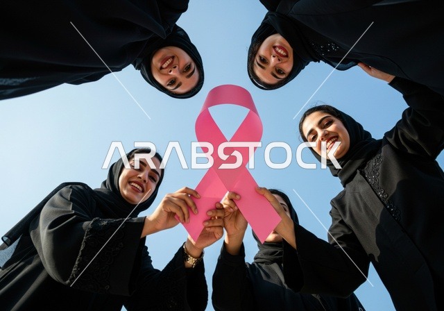Challenge of malignant diseases, a close portrait of a group of Saudi Gulf Arab women holding the pink ribbon, focusing on the disease and early detection, the symbol of the global women's campaign, World Awareness Day for Breast Cancer Detection.