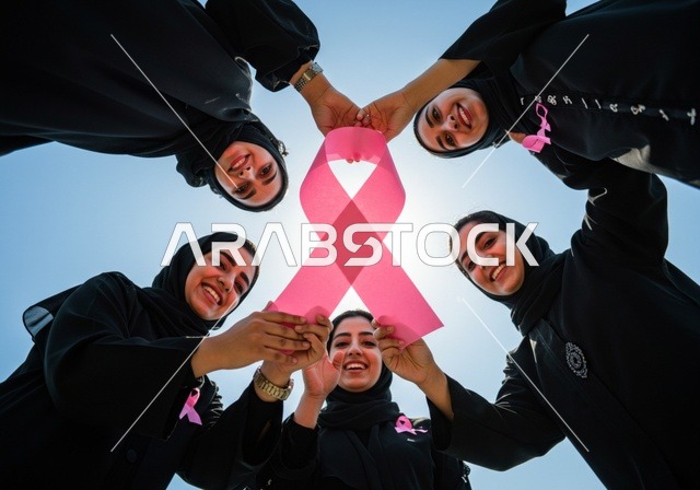 Challenge of malignant diseases, a close portrait of a group of Saudi Gulf Arab women holding the pink ribbon, focusing on the disease and early detection, the symbol of the global women's campaign, World Awareness Day for Breast Cancer Detection.