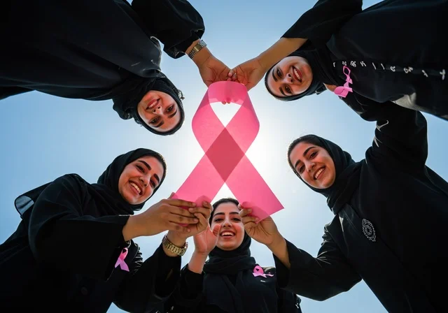 Challenge of malignant diseases, a close portrait of a group of Saudi Gulf Arab women holding the pink ribbon, focusing on the disease and early detection, the symbol of the global women's campaign, World Awareness Day for Breast Cancer Detection.
