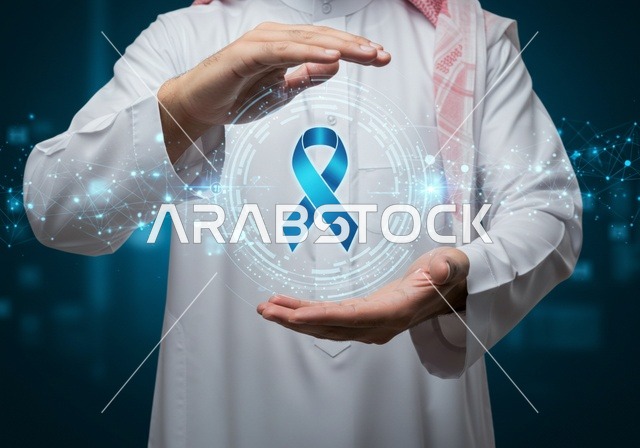 شعار الوعي بسرطان البروستاتا بتقنيه الهولوجرام ، الحفاظ على الصحة الجسدية، حملات الإرشاد والتنبيه للكشف المبكر عن سرطان البروستات، بورتريه مقرب لشاب عربي خليجي سعودي يرتدي الزي التقليدي والشماغ يحمل شريط أزرق للتوعية بالأمراض، خلفية زرقاء