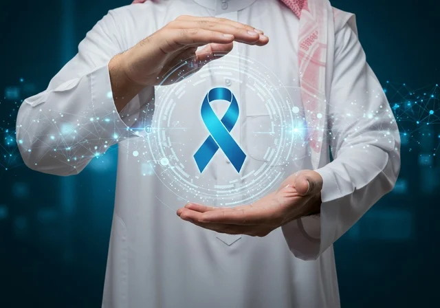 شعار الوعي بسرطان البروستاتا بتقنيه الهولوجرام ، الحفاظ على الصحة الجسدية، حملات الإرشاد والتنبيه للكشف المبكر عن سرطان البروستات، بورتريه مقرب لشاب عربي خليجي سعودي يرتدي الزي التقليدي والشماغ يحمل شريط أزرق للتوعية بالأمراض، خلفية زرقاء