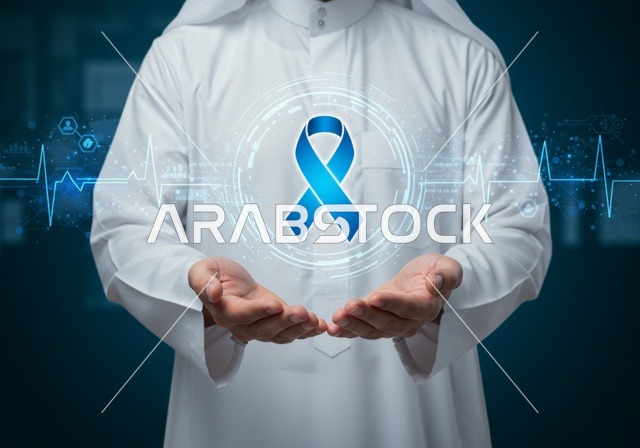 شعار الوعي بسرطان البروستاتا بتقنيه الهولوجرام ، الحفاظ على الصحة الجسدية، حملات الإرشاد والتنبيه للكشف المبكر عن سرطان البروستات، بورتريه مقرب لشاب عربي خليجي سعودي يرتدي الزي التقليدي والشماغ يحمل شريط أزرق للتوعية بالأمراض، خلفية زرقاء