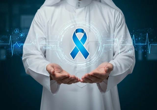 Logo for prostate cancer awareness using hologram technology, maintaining physical health, guidance and alert campaigns for early detection of prostate cancer, a close-up portrait of a young Arab Gulf Saudi man wearing traditional attire and a ghutrah holding a blue ribbon for disease awareness, blue background.