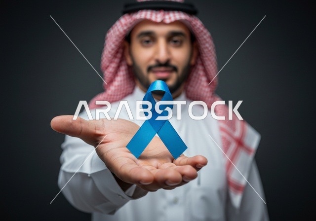 حملات الإرشاد والتنبيه للكشف المبكر عن سرطان البروستات،الحفاظ على الصحة الجسدية، شعار الوعي بسرطان البروستاتا ، بورتريه مقرب لشاب عربي خليجي سعودي يرتدي الزي التقليدي والشماغ يحمل شريط أزرق للتوعية بالأمراض