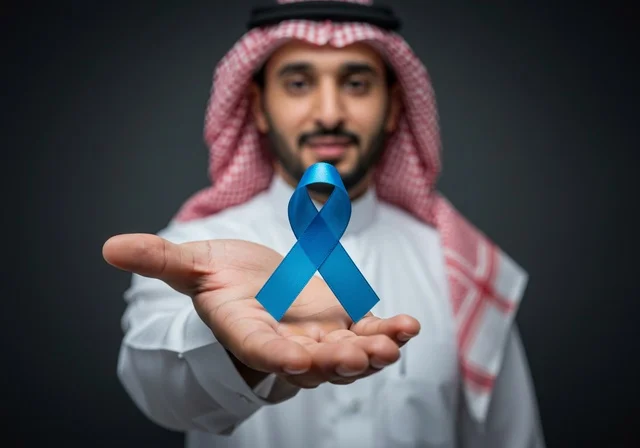 حملات الإرشاد والتنبيه للكشف المبكر عن سرطان البروستات،الحفاظ على الصحة الجسدية، شعار الوعي بسرطان البروستاتا ، بورتريه مقرب لشاب عربي خليجي سعودي يرتدي الزي التقليدي والشماغ يحمل شريط أزرق للتوعية بالأمراض