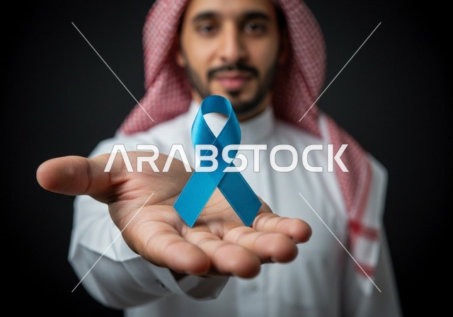 حملات الإرشاد والتنبيه للكشف المبكر عن سرطان البروستات،الحفاظ على الصحة الجسدية، شعار الوعي بسرطان البروستاتا ، بورتريه مقرب لشاب عربي خليجي سعودي يرتدي الزي التقليدي والشماغ يحمل شريط أزرق للتوعية بالأمراض