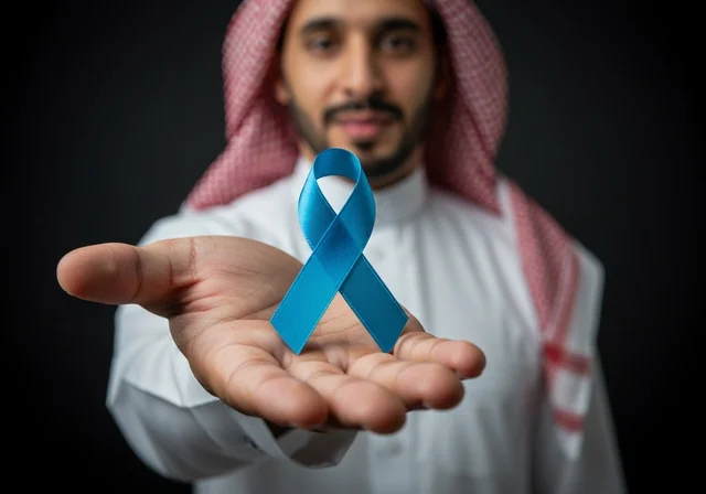 حملات الإرشاد والتنبيه للكشف المبكر عن سرطان البروستات،الحفاظ على الصحة الجسدية، شعار الوعي بسرطان البروستاتا ، بورتريه مقرب لشاب عربي خليجي سعودي يرتدي الزي التقليدي والشماغ يحمل شريط أزرق للتوعية بالأمراض