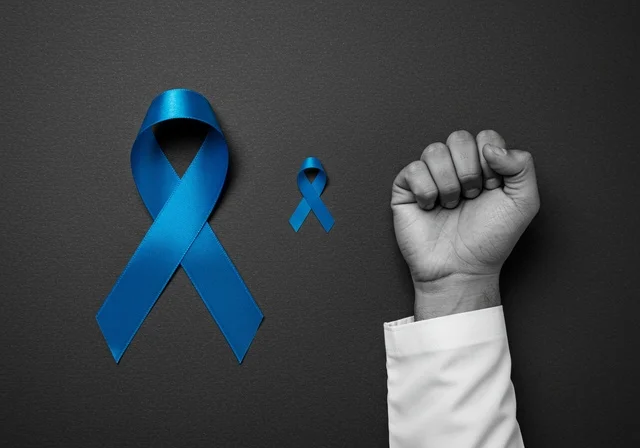 A close-up portrait of a young Arab Gulf Saudi man wearing traditional attire and a shemagh, holding a blue ribbon for disease awareness with strong gestures, campaigns for guidance and alertness for early detection of prostate cancer, maintaining physical health, the slogan for prostate cancer awareness.